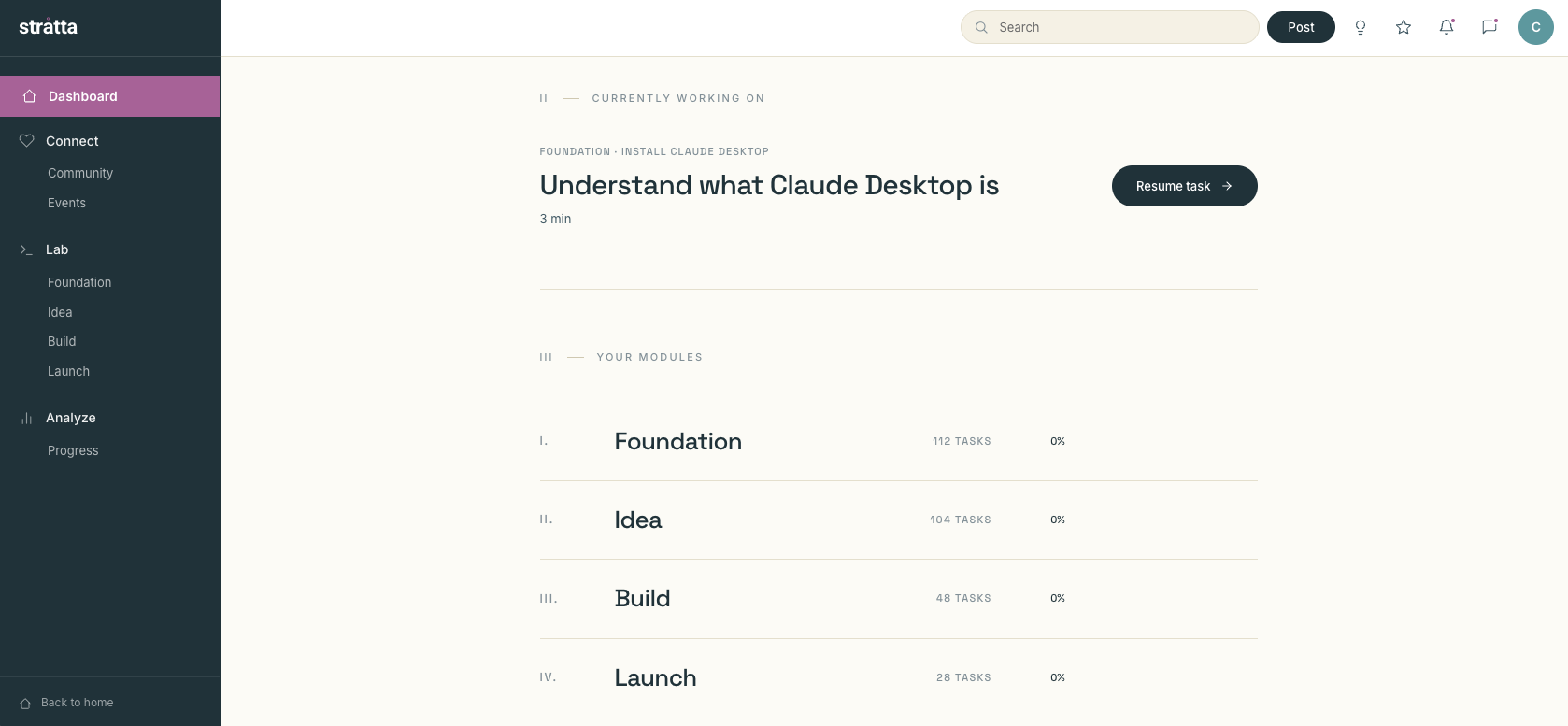 Dashboard showing overall progress, current task, and module list