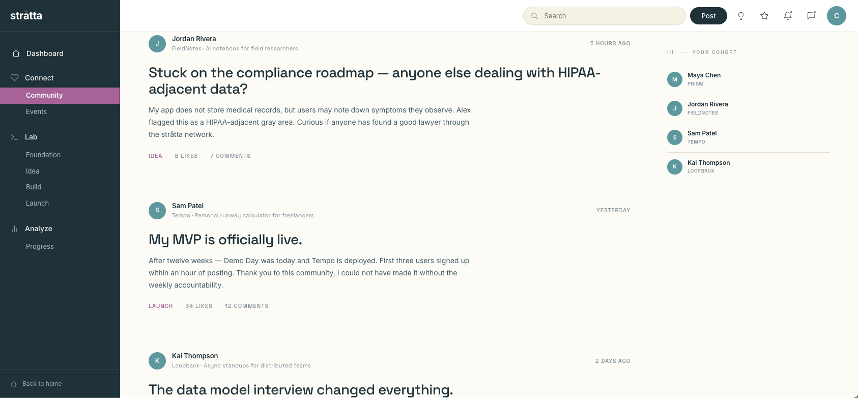 Community feed with cohort posts and conversations