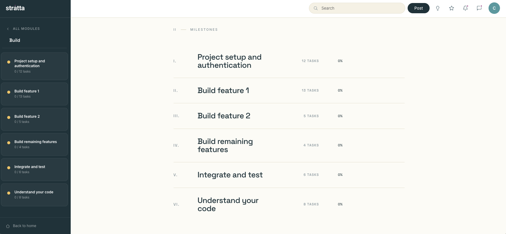 Build module with milestones, tasks, and progress bars