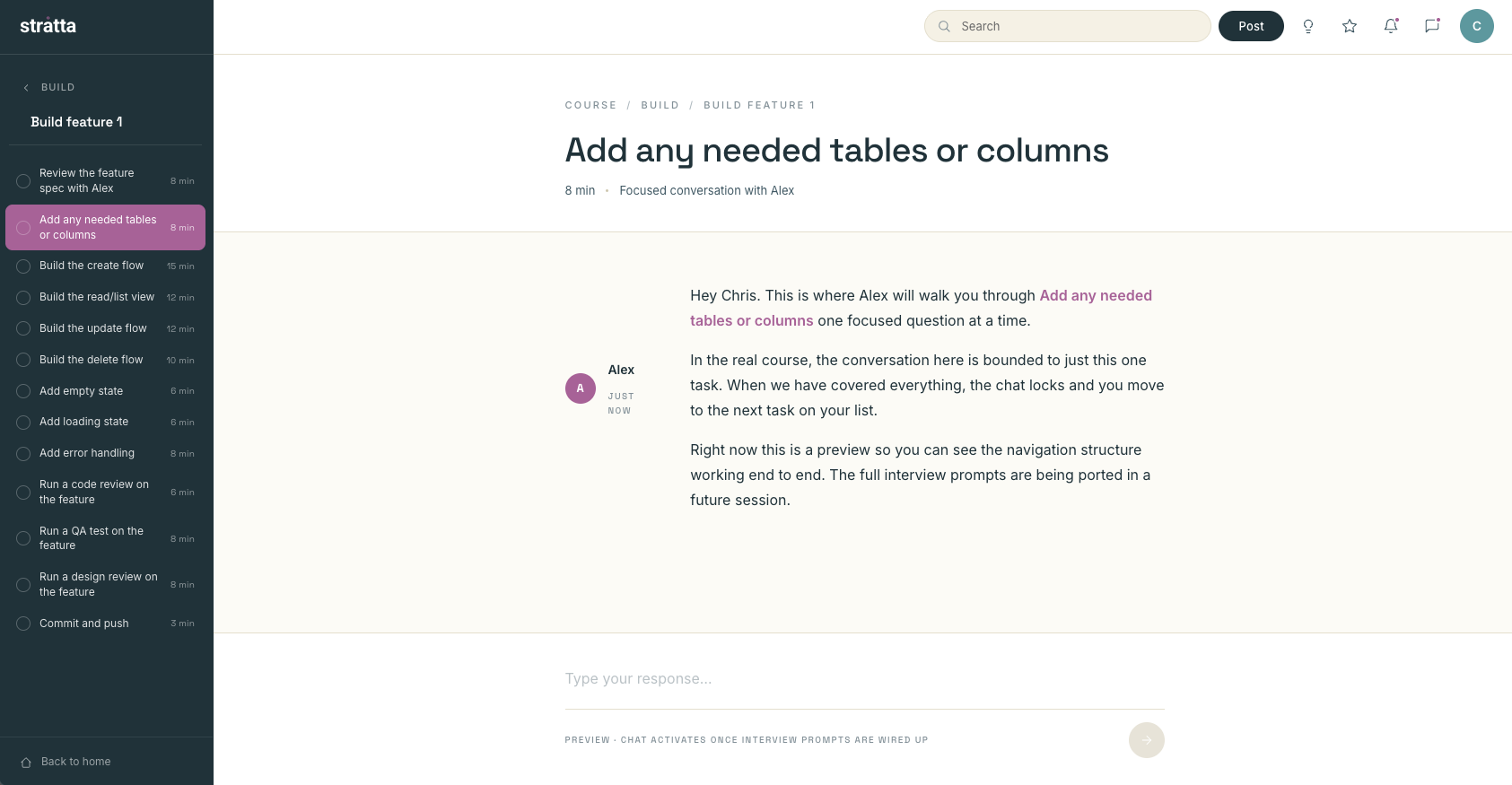 Task chat view where Alex guides you through each focused step